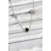 Gümüş Renk 316 L Çelik Zincir  Siyah ve Zirkon Taşlı Baby Boy Yonca Kadın Kolye Vice-5353 - 1