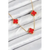 316L Çelik Zincir Gold Kırmızı Renk Yonca Kadın Kolye Vice-5353 - 1