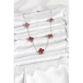 Gümüş Renk 316 L Çelik Zincir  Bordo Renk Yonca Kadın Kolye Vice-5353 - 2