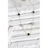 Gümüş Renk 316 L Çelik Zincir  Siyah ve Zirkon Taşlı Baby Boy Yonca Kadın Kolye Vice-5353 - 2