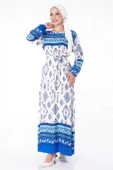 BİÇOMİ Düz Bisiklet Yaka Kadın Mavi Etnik Desenli Elbise thumbnail 3