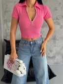 BİÇOMİ kaşkorse yaka fermuarlı bluz fuşya thumbnail 1