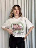 BİÇOMİ Oversize Beyaz baskılı crop tişört thumbnail 3