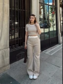 BİÇOMİ Crop pantolon biyeli takım bej thumbnail 1