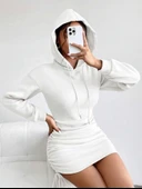 BİÇOMİ 3 iplik şardonlu kapşonlu elbise beyaz thumbnail 3