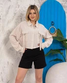 BİÇOMİ Kemer cepli keten crop gömlek krem s255350 thumbnail 1