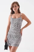 BİÇOMİ Kadın siyah leoparlı ince askılı likralı elbise s8105 thumbnail 7