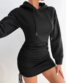 BİÇOMİ 3 iplik şardonlu kapşonlu elbise siyah thumbnail 1