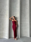 BİÇOMİ Krinkıl tek omuz uzun elbise bordo s25455 thumbnail 5