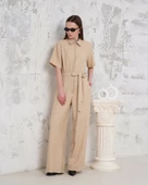 BİÇOMİ Kuşaklı gömlek yaka salaş tulum bej s255822 thumbnail 5