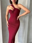 BİÇOMİ Krinkıl tek omuz uzun elbise bordo s25455 thumbnail 8