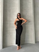 BİÇOMİ Krinkıl tek omuz uzun elbise siyah s25455 thumbnail 1