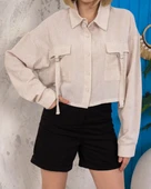 BİÇOMİ Kemer cepli keten crop gömlek krem s255350 thumbnail 4