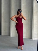 BİÇOMİ Krinkıl tek omuz uzun elbise bordo s25455 thumbnail 2