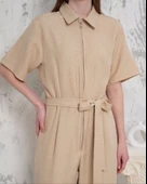 BİÇOMİ Kuşaklı gömlek yaka salaş tulum bej s255822 thumbnail 4