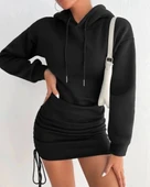 BİÇOMİ 3 iplik şardonlu kapşonlu elbise siyah thumbnail 2