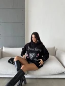 BİÇOMİ 3 iplik şardonlu oversize true baskılı sweat siyah thumbnail 3