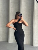 BİÇOMİ Krinkıl tek omuz uzun elbise siyah s25455 thumbnail 3