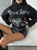 BİÇOMİ 3 iplik şardonlu oversize true baskılı sweat siyah thumbnail 2