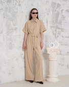 BİÇOMİ Kuşaklı gömlek yaka salaş tulum bej s255822 thumbnail 6