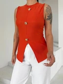 BİÇOMİ Kadın turuncu bisiklet yaka gold düğmeli ottoman bluz s2310 thumbnail 1