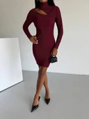 BİÇOMİ Boğazlı gögüs dekolteli elbise bordo f2333 thumbnail 3