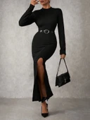 BİÇOMİ Yırtmaçlı jakarlı uzun elbise siyah A3793 thumbnail 3