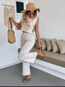 BİÇOMİ Yan bağlama detaylı pantolonlu takım bej thumbnail 2