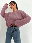 BİÇOMİ Salaş delik detaylı kazak pembe thumbnail 1