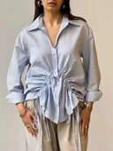 BİÇOMİ Önü büzgü detaylı çizgili gömlek thumbnail 1