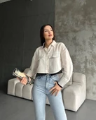 BİÇOMİ Çift renkli kısa gömlek krem s4021 thumbnail 2