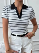 BİÇOMİ Polo yaka garnili bluz Beyazsiyah thumbnail 2