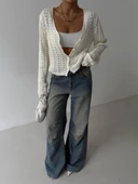 BİÇOMİ Küçük düğmeli küçük örgülü triko hırka beyaz thumbnail 3