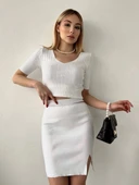 BİÇOMİ Etekli triko takım beyaz t23107 thumbnail 2