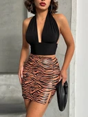 BİÇOMİ Tek yırtmaçlı zebra desenli deri etek kahvesiyah w24475-S thumbnail 6