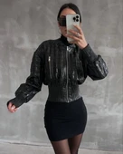 BİÇOMİ Beli büzgülü crop deri ceket siyah - 1