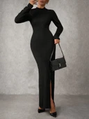 BİÇOMİ Yırtmaçlı jakarlı uzun elbise siyah A3793 thumbnail 4