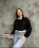 BİÇOMİ Çift renkli kısa gömlek siyahbeyaz s4021 thumbnail 1