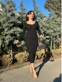 BİÇOMİ V yaka Uzun kollu midi boy elbise siyah A3154 thumbnail 4