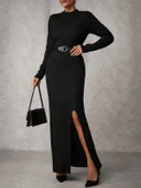 BİÇOMİ Yırtmaçlı jakarlı uzun elbise siyah A3793 thumbnail 1