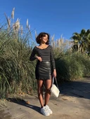 BİÇOMİ V yaka çizgili bluz siyah A3699 thumbnail 4