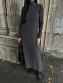 BİÇOMİ Boğazlı kalın bürümcük uzun elbise siyah thumbnail 2