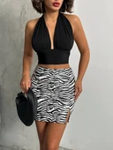 BİÇOMİ Tek yırtmaçlı zebra desenli deri etek beyazsiyah w24475-S thumbnail 1