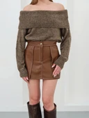 BİÇOMİ Kontrast deri etek kahve w260015 thumbnail 5