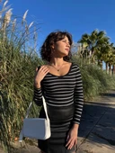 BİÇOMİ V yaka çizgili bluz siyah A3699 thumbnail 1