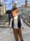 3-4-5 Yaş Fitilli Kadife Pantolon Kapitone Kapşonlu Yelek Uzun Kollu Sweat 3lü Erkek Çocuk Takımı Lacivert thumbnail 1