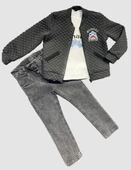 4-5-6 Yaş Kot Pantolonlu Pilot Mont Uzun Kollu Penye Sweat 3lü Erkek Çocuk Takımı Füme - 2