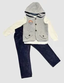 3-4-5 Yaş Fitilli Kadife Pantolon Kapitone Kapşonlu Yelek Uzun Kollu Sweat 3lü Erkek Çocuk Takımı Gri thumbnail 1