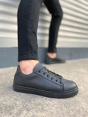 Siyah Mode Bağcıklı Cilt Erkek Günlük Sneaker Ayakkabı - 1