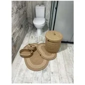 Jüt Hasır 5li Banyo Seti, Çamaşır Sepeti, Paspas Takımı, Oval Sepet-Krem Çizgili v1 - 1